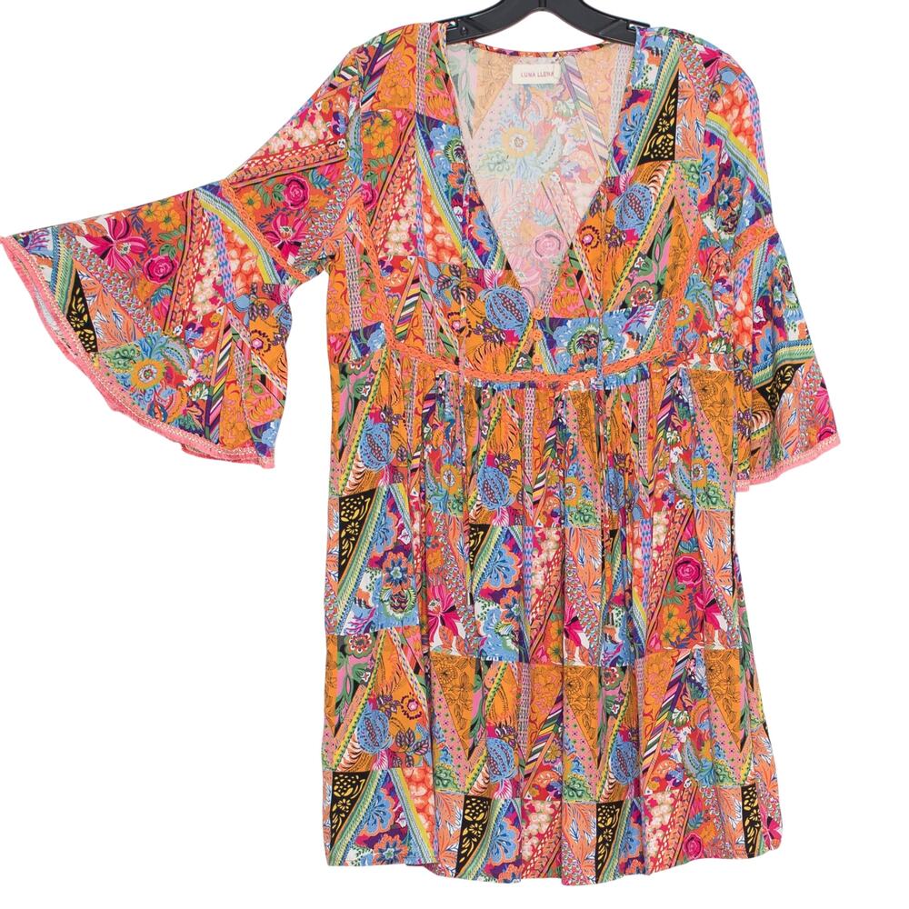 Tunic Dress Boho Hippie Festival Colorful Patchwork Bell Sleeve Peasant Flowy M